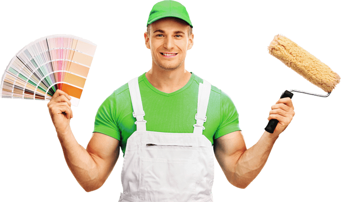 Painter holding paint color samples and roller